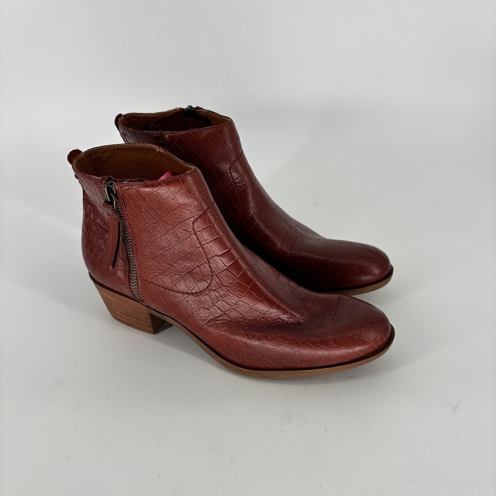 Lucky Brand Blandre Ankle Boot Tan Croco Brown Women Size 8.5 Leather Block Heel